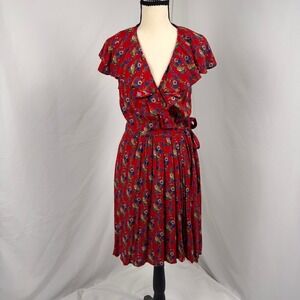 Maeve Anthropologie Floral Wrap Dress Womens 6 Red Ruffle High Low Boho